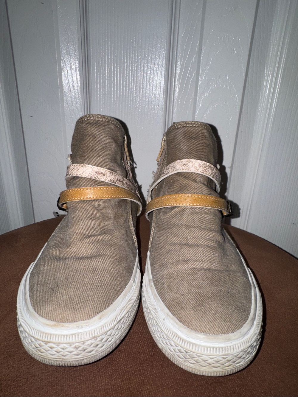 Blowfish Taupe High-Top Sneakers with Tan Accent Straps